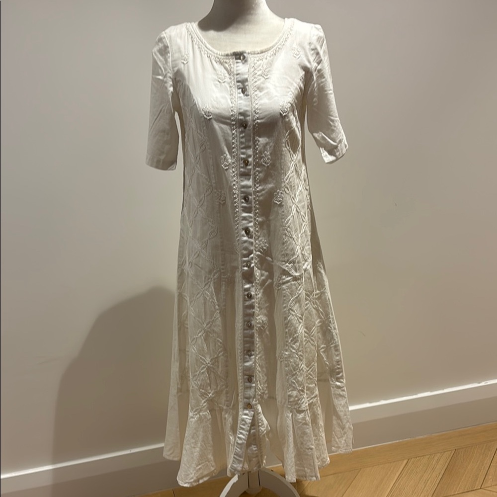 Fabindia White Embroidered Midi Dress